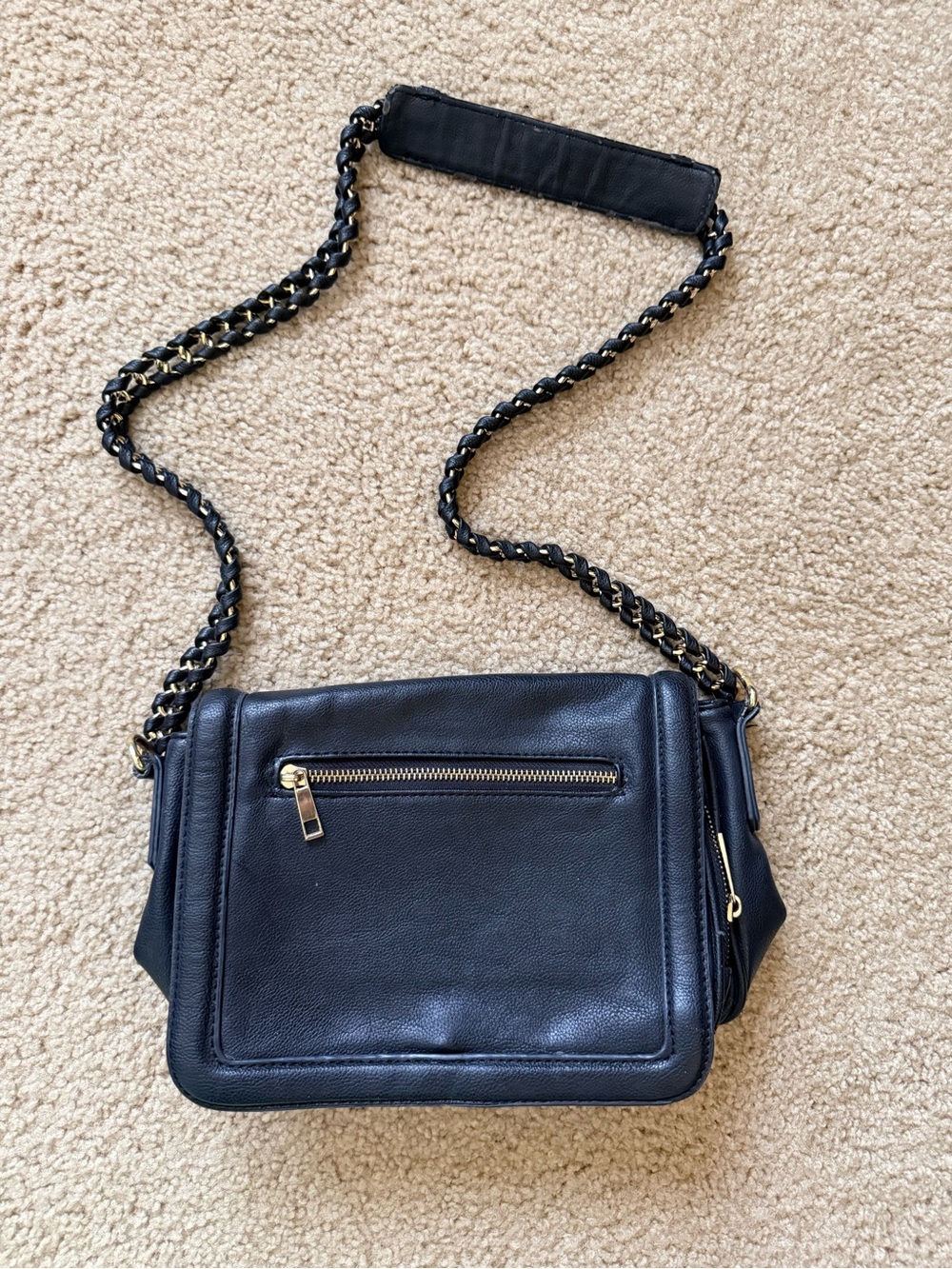 Black Leather Chain-Accent Crossbody Bag